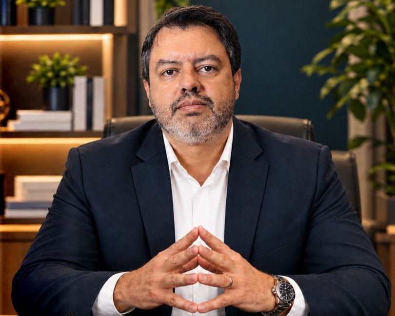 Dr. Everton Dias sentado à mesa do consultório